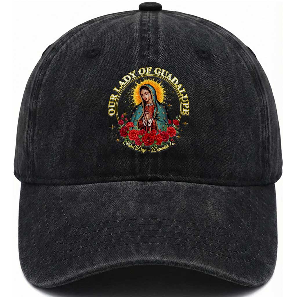 Virgen De Guadalupe Catholic Washed Cotton Baseball Cap Our Lady Of Guadalupe TS14 Washed Cap Universal Fit Black Print Your Wear