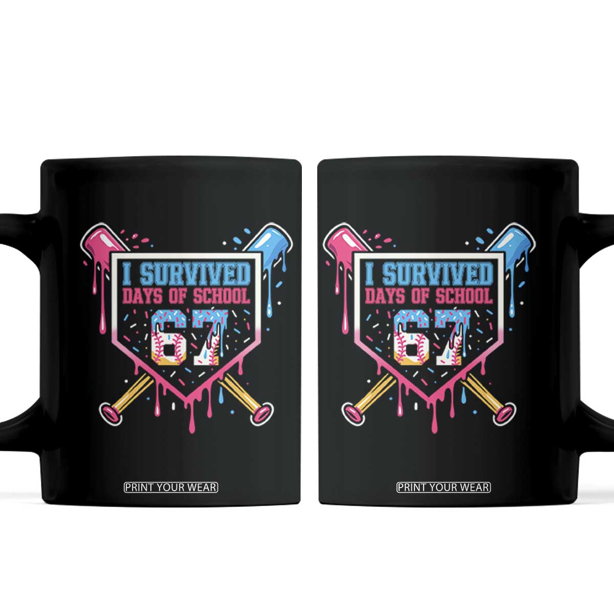 I Survived 67 Days Of School Baseball Ice Cream Coffee Mug Funny Christmas Six Seven Meme TS14 Black Print Your Wear