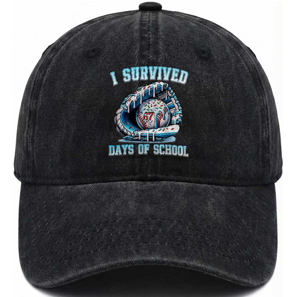 I Survived 67 Days Of School Baseball Glove Ice Cream Washed Cotton Baseball Cap Funny Christmas Six Seven Meme TS14 Washed Cap Universal Fit Black Print Your Wear