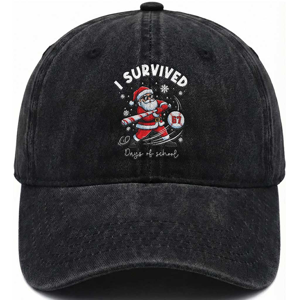 I Survived 67 Days Of School Baseball Santa Washed Cotton Baseball Cap Funny Christmas Six Seven Meme TS14 Washed Cap Universal Fit Black Print Your Wear