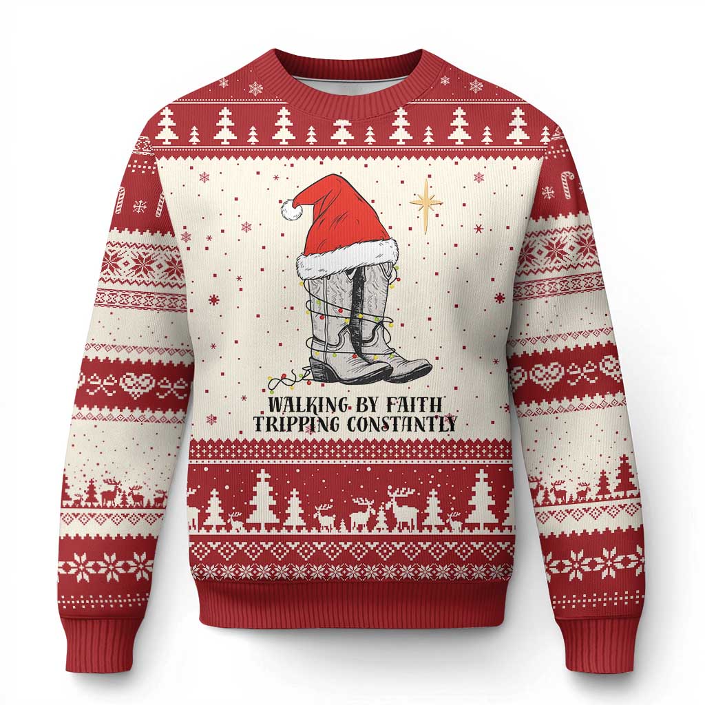 Western Christian Cowboy Ugly Christmas Sweater Walking By Faith Tripping Constantly TS14 Beige Red Print Your Wear