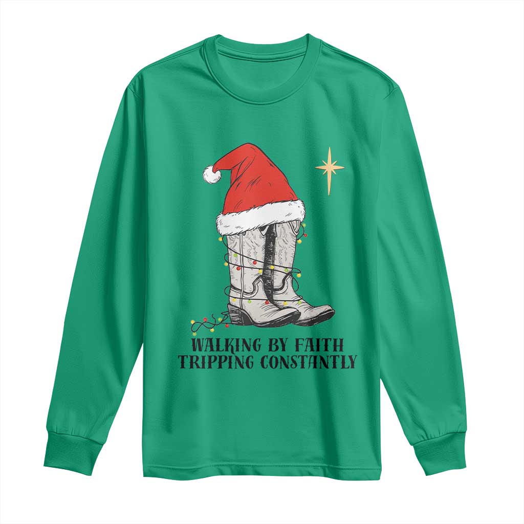 Western Christian Cowboy Long Sleeve Shirt Walking By Faith Tripping Constantly TS14 Irish Green Print Your Wear