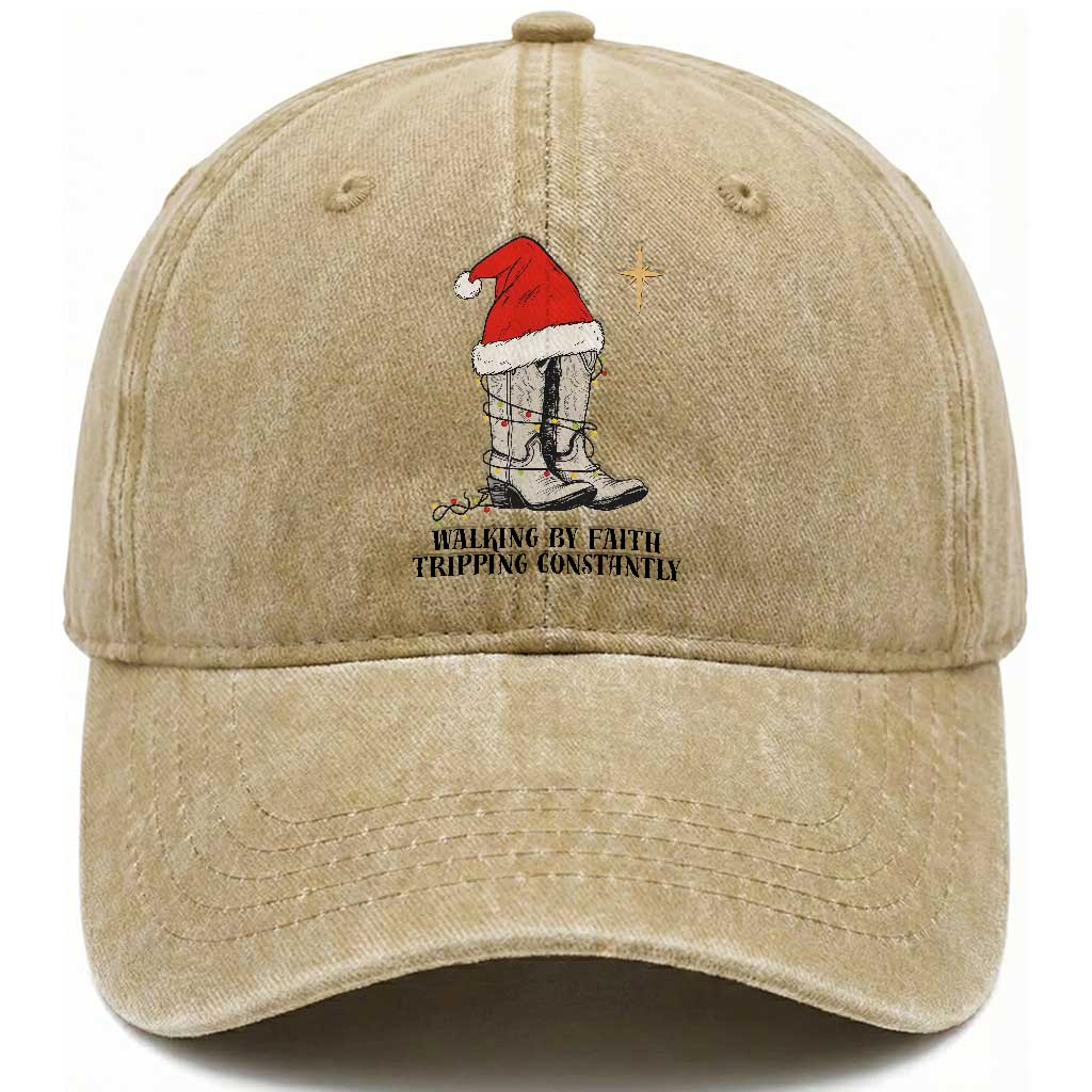 Western Christian Cowboy Washed Cotton Baseball Cap Walking By Faith Tripping Constantly TS14 Washed Cap Universal Fit Khaki Print Your Wear