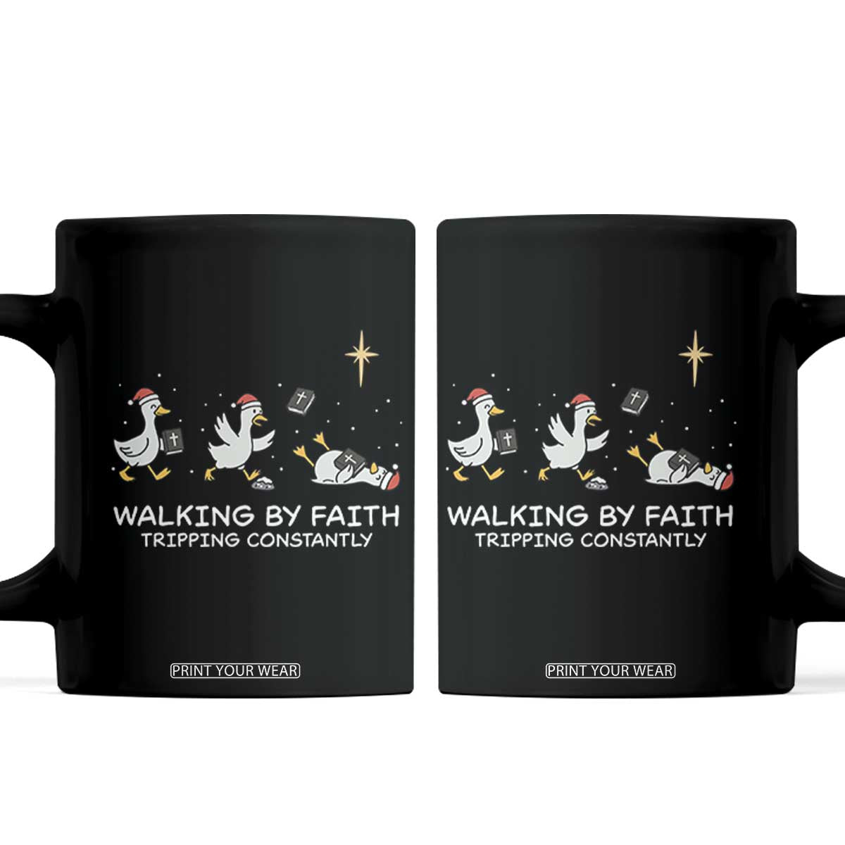 Christian Goose Christmas Coffee Mug Walking By Faith Tripping Constantly Funny Quote TS14 Black Print Your Wear