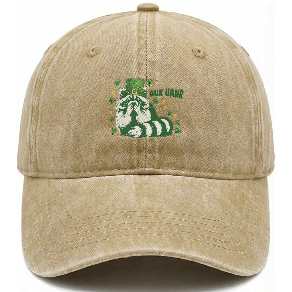 AUR Naur Raccoon St Patricks Day Meme Washed Cotton Baseball Cap Funny Sarcastic Oh No Australian Accent TS14 Washed Cap Universal Fit Khaki Print Your Wear