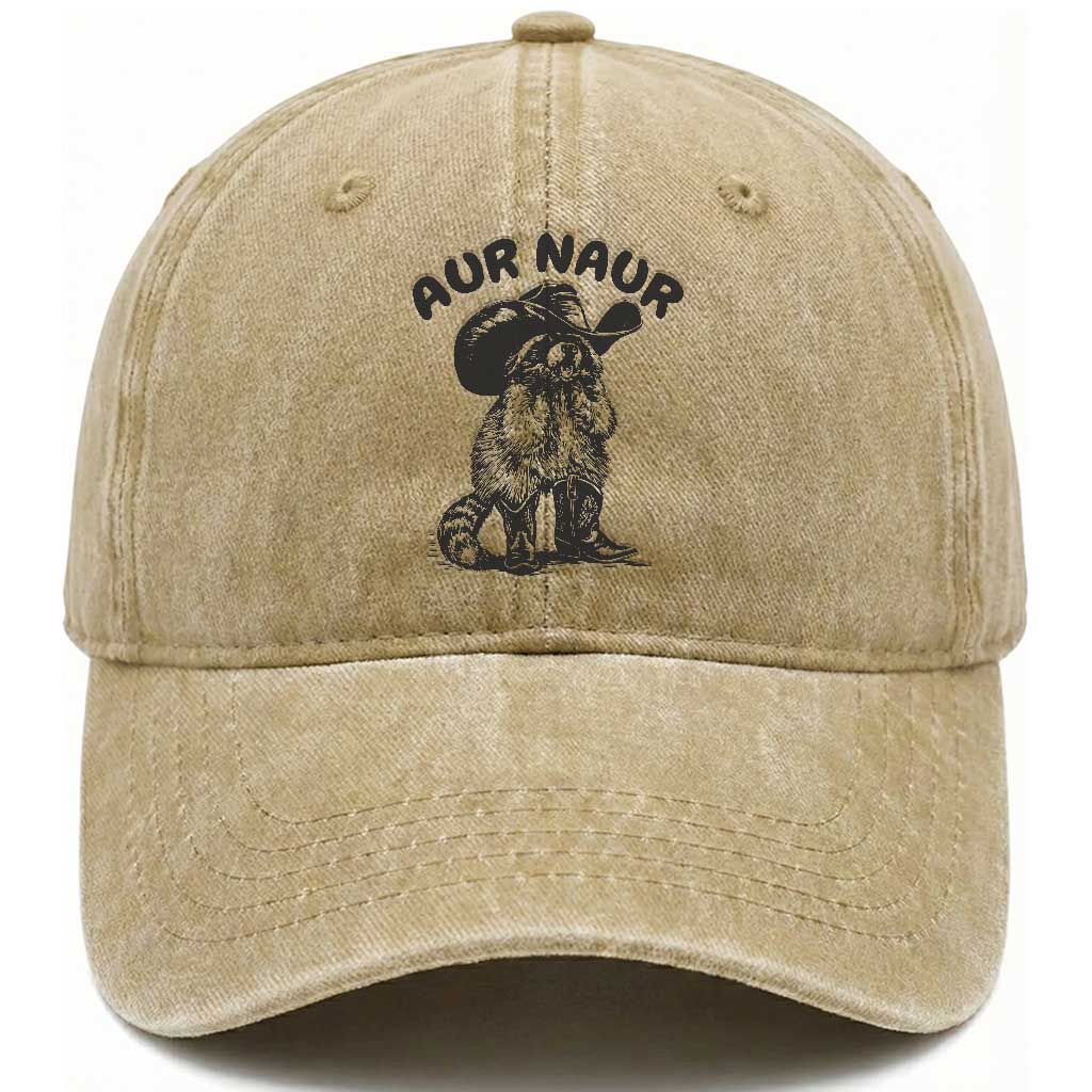 AUR Naur Cowboy Raccoon Meme Washed Cotton Baseball Cap Funny Sarcastic Oh No Australian Accent TS14 Washed Cap Universal Fit Khaki Print Your Wear