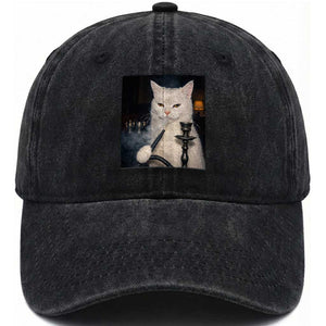 Funny Stoner Cat Washed Cotton Baseball Cap 420 Stoner Smoking Cat Cannabis Lover Meme TS14 Washed Cap Universal Fit Black Print Your Wear