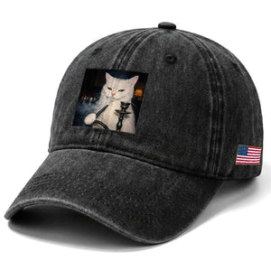 Funny Stoner Cat Washed Cotton Baseball Cap 420 Stoner Smoking Cat Cannabis Lover Meme TS14 Print Your Wear