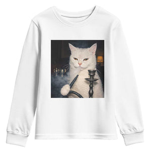 Funny Stoner Cat Youth Sweatshirt 420 Stoner Smoking Cat Cannabis Lover Meme TS14 White Print Your Wear
