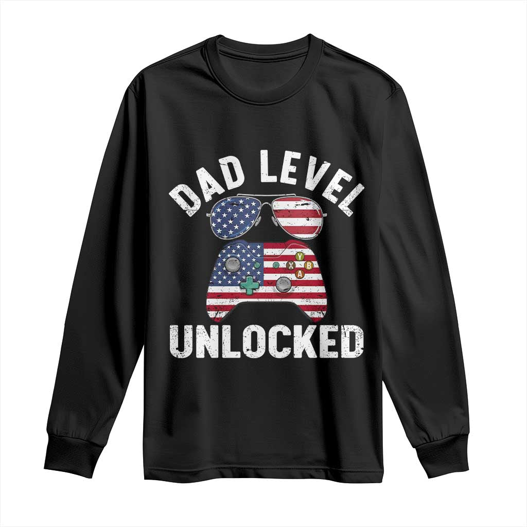 Dad Level Unlocked Long Sleeve Shirt New Dad Gamer American Flag 4th of July TS14 Black Print Your Wear