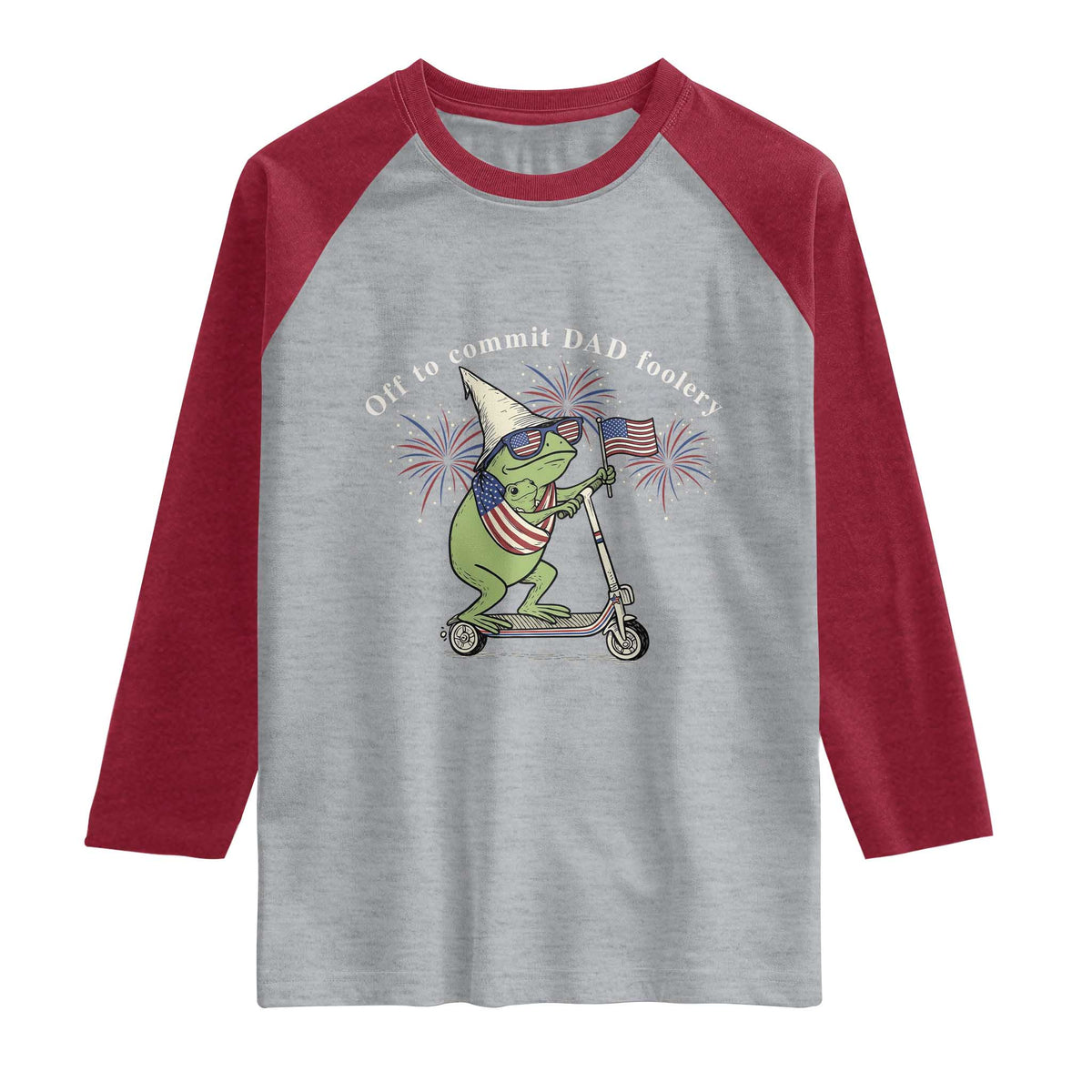 New Dad Frog 4th of July Raglan Shirt Off to Commit Dad Foolery TS14 Heather Gray Heather Red Print Your Wear