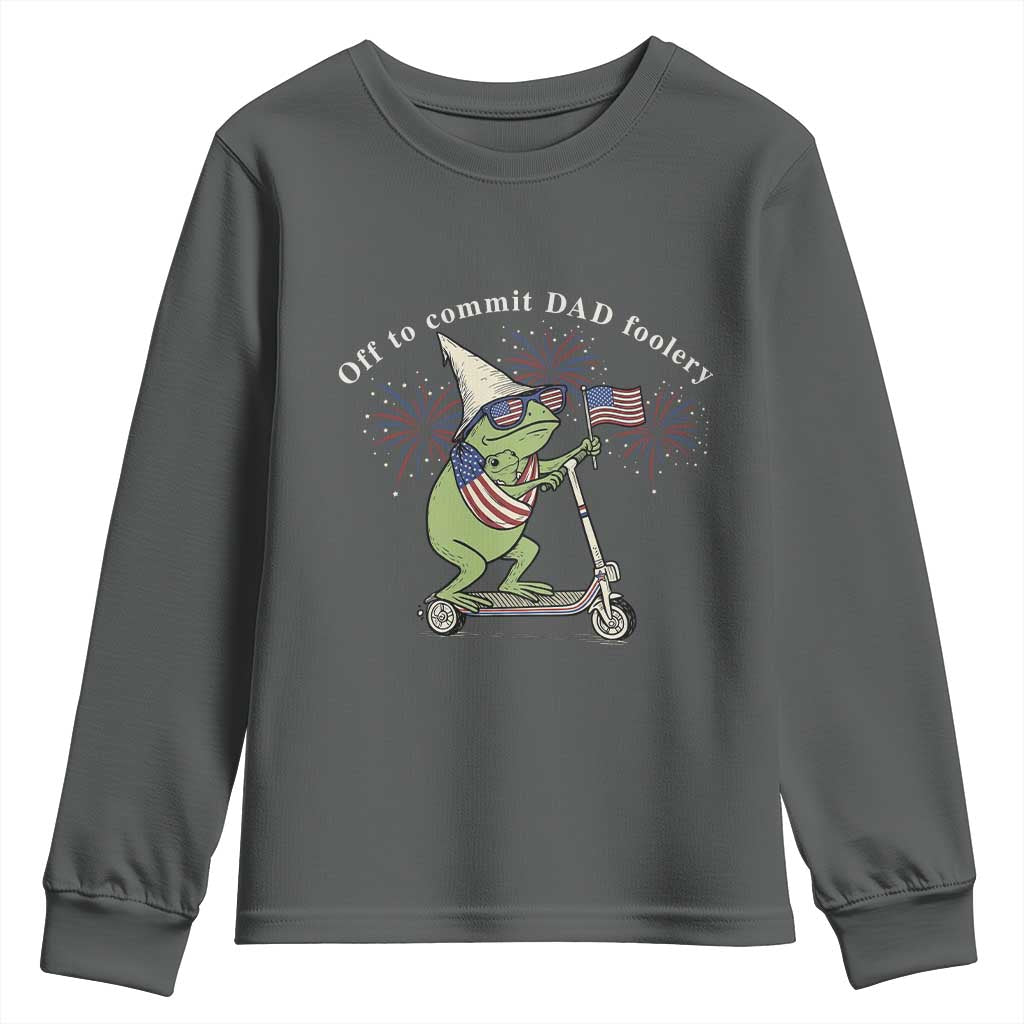 New Dad Frog 4th of July Youth Sweatshirt Off to Commit Dad Foolery TS14 Dark Heather Print Your Wear