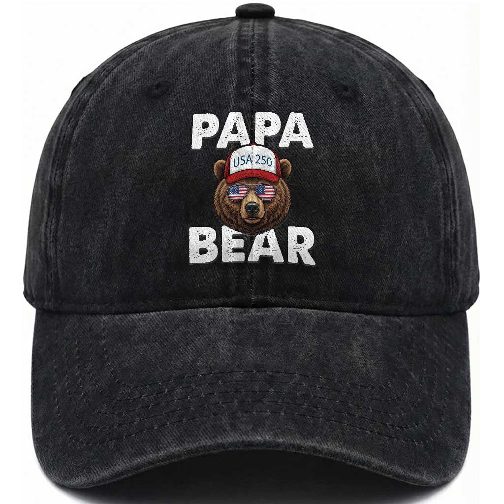 Papa Bear Father's Day Washed Cotton Baseball Cap USA 250th Anniversary American Flag July 4th TS14 Print Your Wear