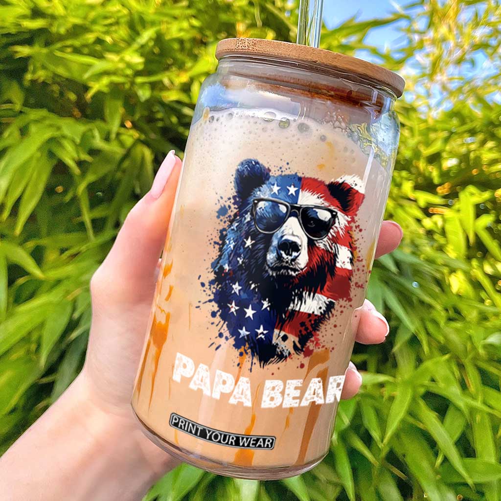 Papa Bear Father's Day Glass Can Patriotic American Flag 4th Of July TS14 Black Print Your Wear