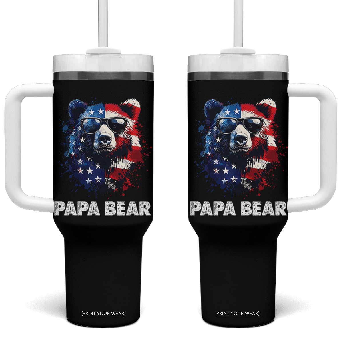 Papa Bear Father's Day Tumbler With Handle Patriotic American Flag 4th Of July TS14 One Size: 40 oz Black Print Your Wear