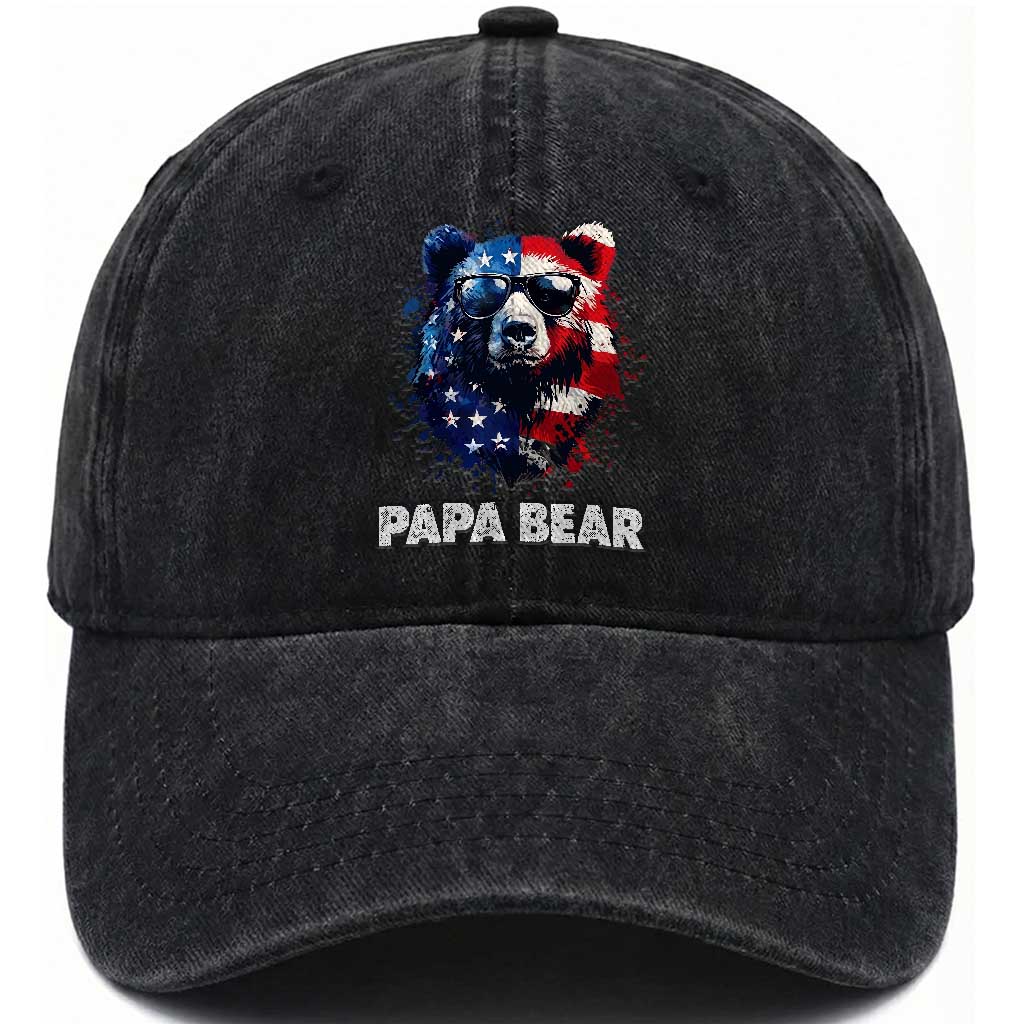 Papa Bear Father's Day Washed Cotton Baseball Cap Patriotic American Flag 4th Of July TS14 Print Your Wear