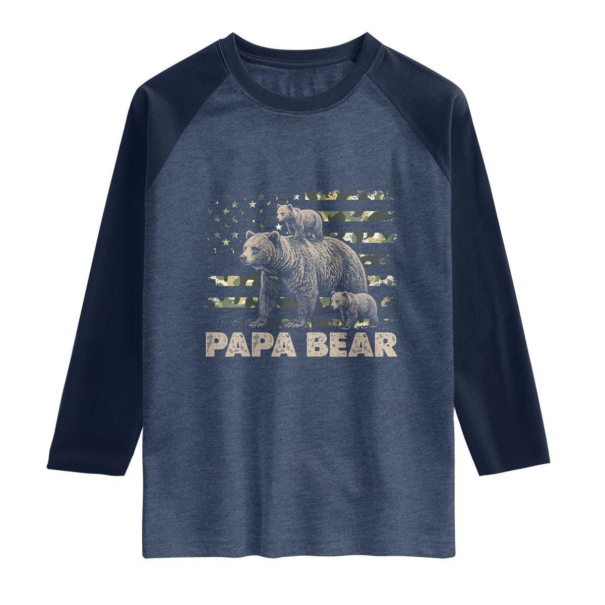 Papa Bear Father's Day Raglan Shirt Camouflage California Republic Flag Bear TS14 Heather Denim Navy Print Your Wear