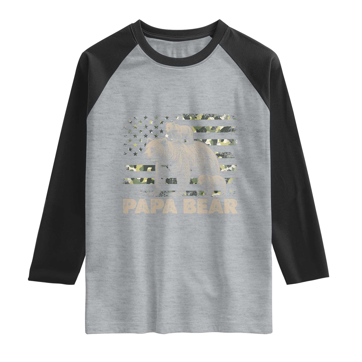 Papa Bear Father's Day Raglan Shirt Camouflage California Republic Flag Bear TS14 Heather Gray Black Print Your Wear