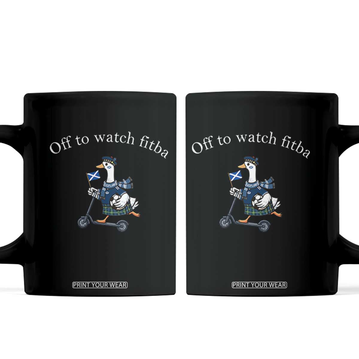 Off To Watch Fitba Coffee Mug Funny Scottish Goose Riding Scooter Football Fan TS14 Black Print Your Wear