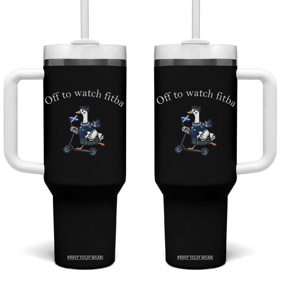 Off To Watch Fitba Tumbler With Handle Funny Scottish Goose Riding Scooter Football Fan TS14 One Size: 40 oz Black Print Your Wear