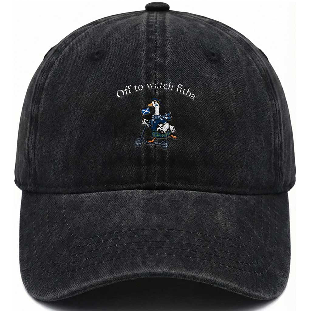 Off To Watch Fitba Washed Cotton Baseball Cap Funny Scottish Goose Riding Scooter Football Fan TS14 Print Your Wear