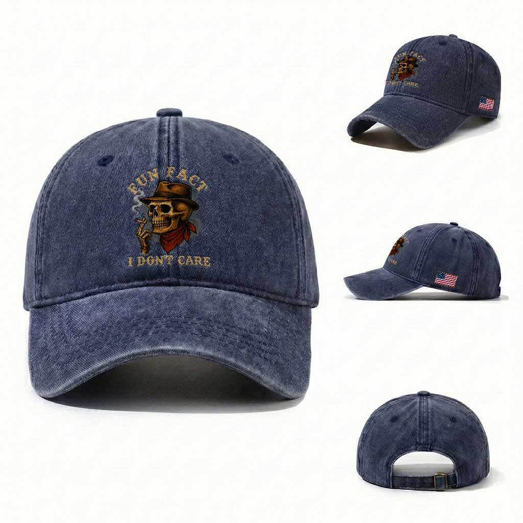 Funny Skull Sarcastic Washed Cotton Baseball Cap Fun Fact I Don Not Care TS14 Washed Cap Universal Fit Navy Print Your Wear