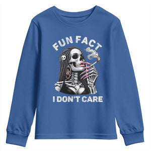 Funny Skeleton Smoking Youth Sweatshirt Fun Fact I Don Not Care Sarcastic Women Skull TS14 Royal Blue Print Your Wear