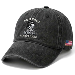 Funny Skeleton Sarcastic Washed Cotton Baseball Cap Fun Fact I Don Not Care Cat Lover TS14 Print Your Wear