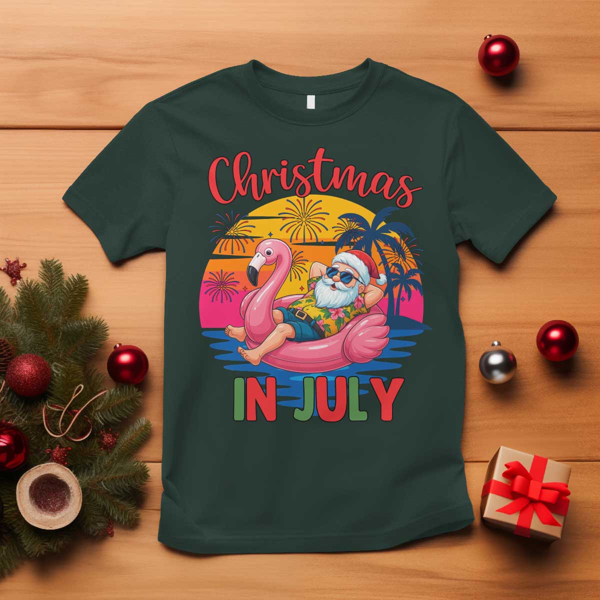Funny Hawaiian Christmas T Shirt Santa Beach Tropical Xmas TS14 Dark Forest Green Print Your Wear