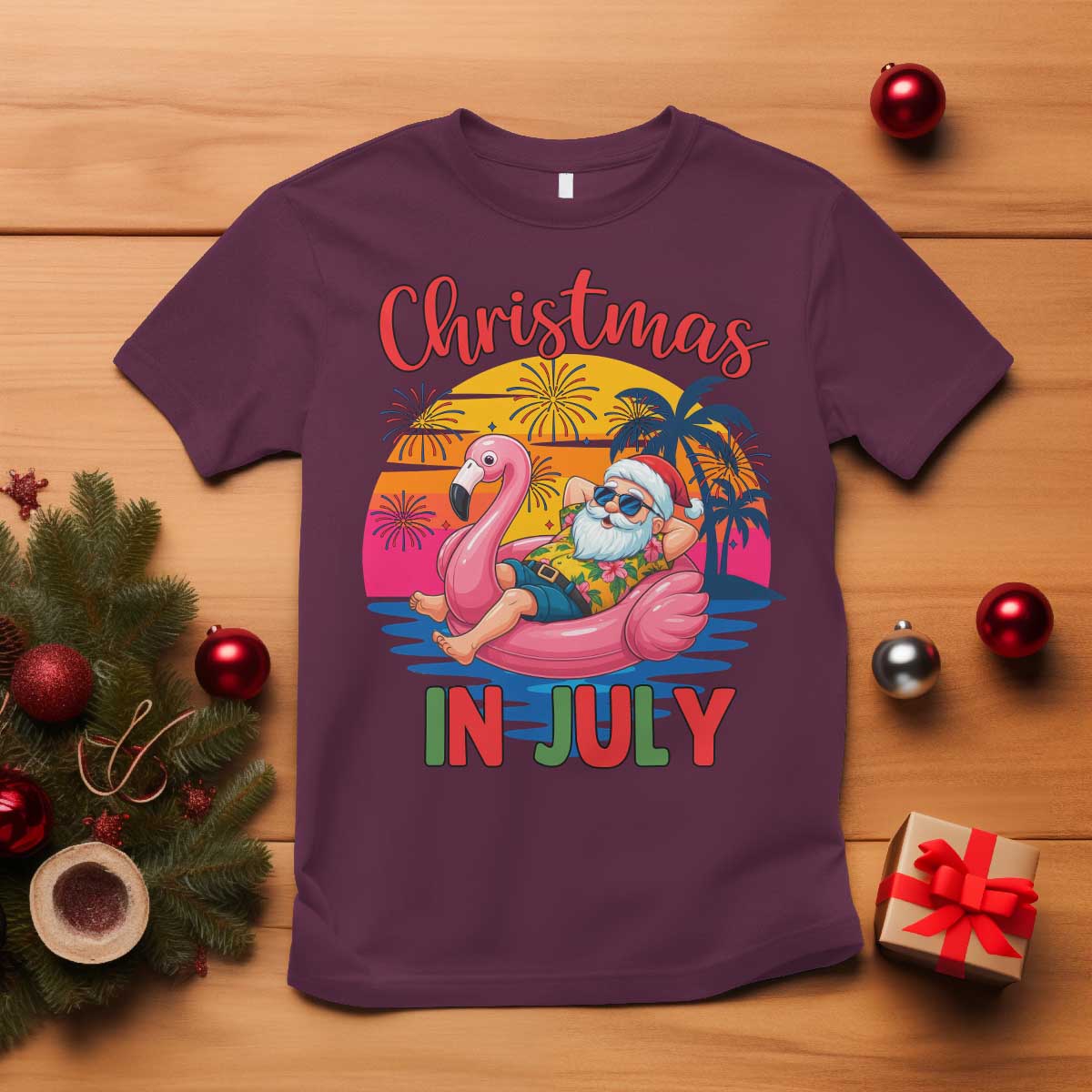 Funny Hawaiian Christmas T Shirt Santa Beach Tropical Xmas TS14 Maroon Print Your Wear