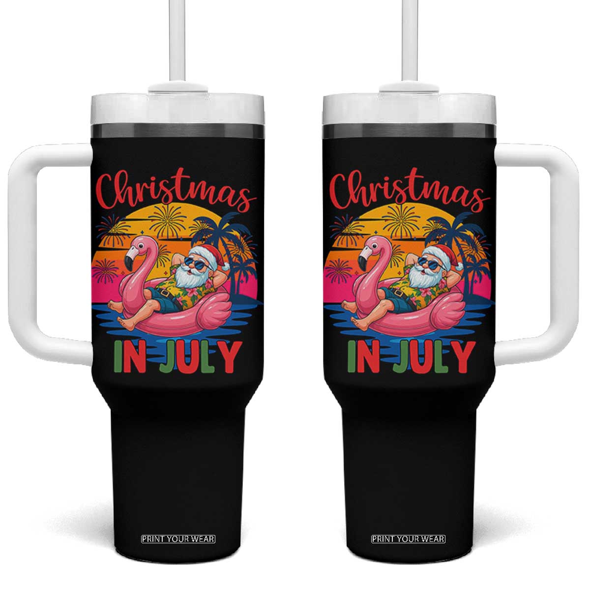 Funny Hawaiian Christmas Tumbler With Handle Santa Beach Tropical Xmas TS14 One Size: 40 oz Black Print Your Wear