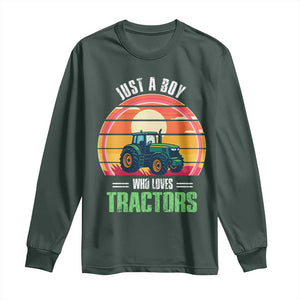 Funny Farmer Long Sleeve Shirt Just A Boy Who Loves Tractors TS14 Dark Forest Green Print Your Wear