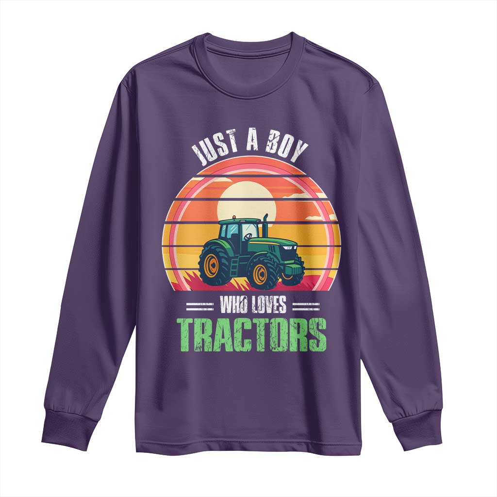 Funny Farmer Long Sleeve Shirt Just A Boy Who Loves Tractors TS14 Purple Print Your Wear