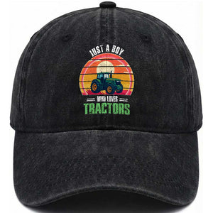 Funny Farmer Washed Cotton Baseball Cap Just A Boy Who Loves Tractors TS14 Washed Cap Universal Fit Black Print Your Wear