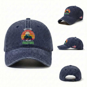 Funny Farmer Washed Cotton Baseball Cap Just A Boy Who Loves Tractors TS14 Washed Cap Universal Fit Navy Print Your Wear