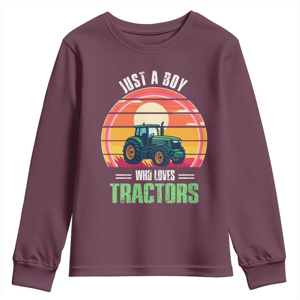 Funny Farmer Youth Sweatshirt Just A Boy Who Loves Tractors TS14 Maroon Print Your Wear