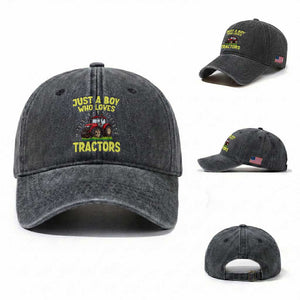 Funny Farming Tractor Washed Cotton Baseball Cap Just A Boy Who Loves Tractors TS14 Washed Cap Universal Fit Dark Gray Print Your Wear