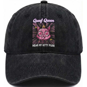 Queef Queen Cat Meme Washed Cotton Baseball Cap Funny Inappropriate Adult Humor TS14 Washed Cap Universal Fit Black Print Your Wear