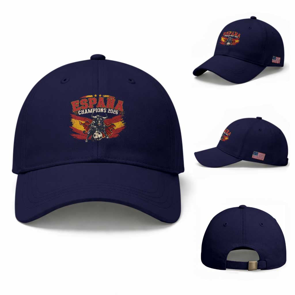 Spain Champions 2026 Baseball Cap Espana Soccer Fan Spanish Flag Bull TS14 Baseball Cap Universal Fit Dark Blue Print Your Wear