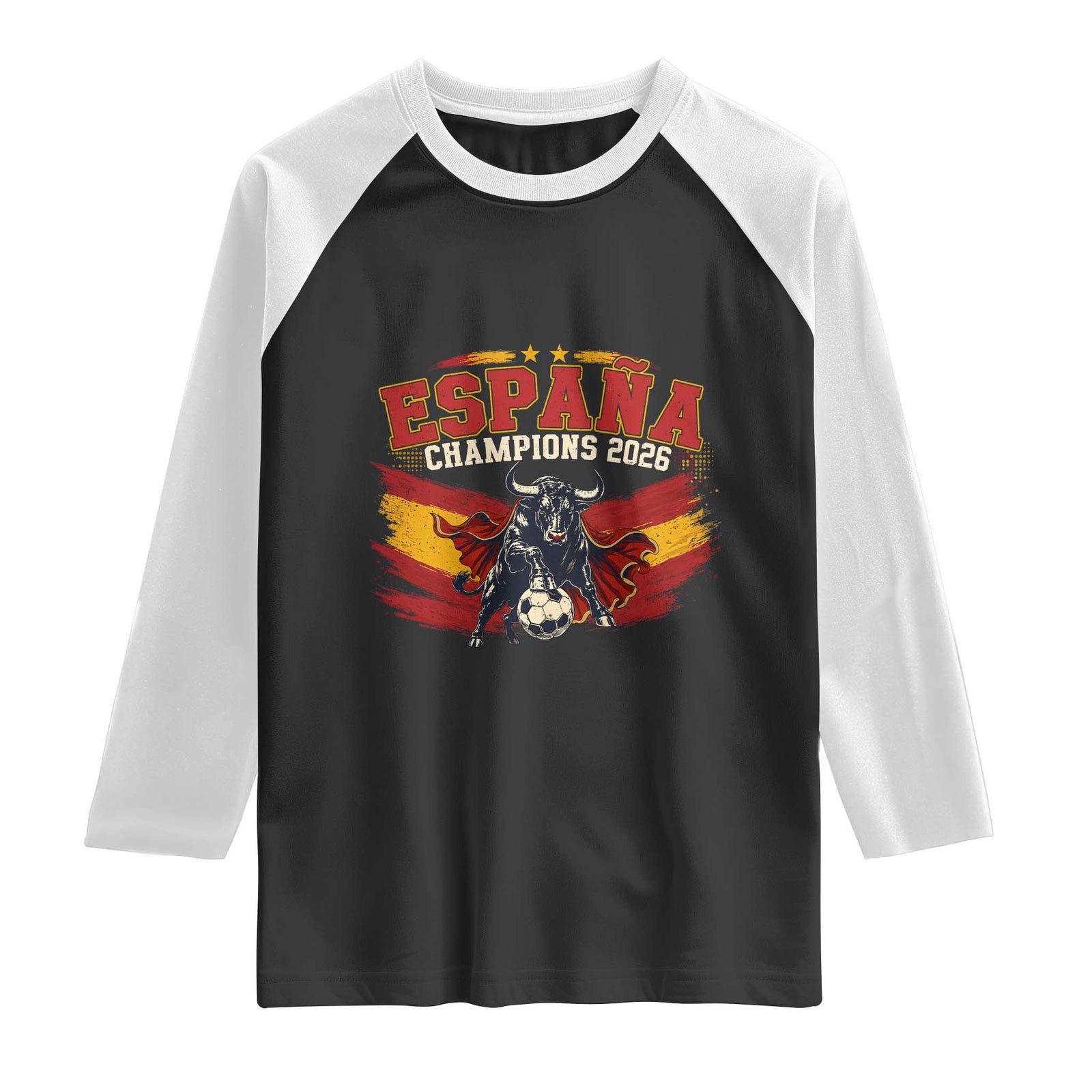 Spain Champions 2026 Raglan Shirt Espana Soccer Fan Spanish Flag Bull TS14 Black White Print Your Wear