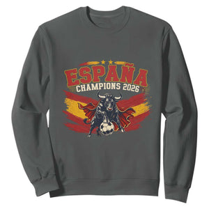 Spain Champions 2026 Sweatshirt Espana Soccer Fan Spanish Flag Bull TS14 Dark Heather Print Your Wear
