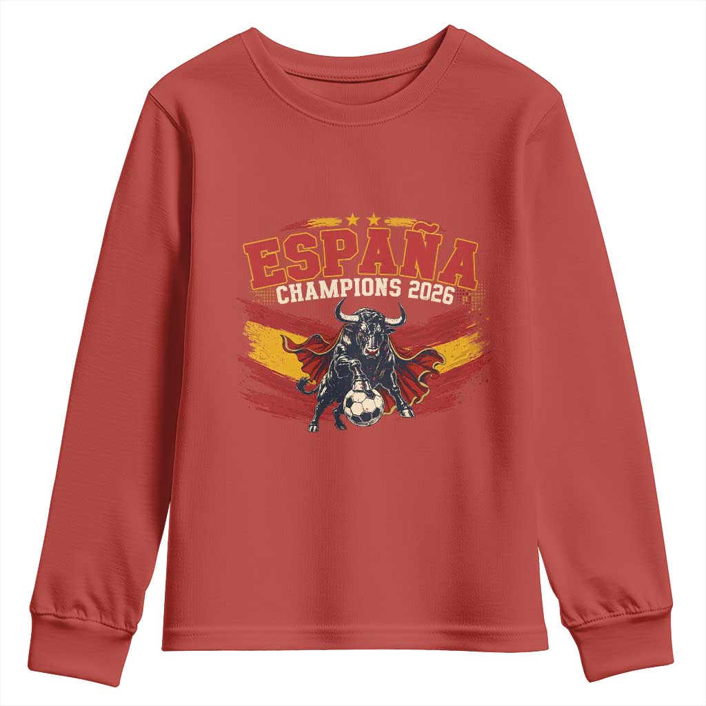 Spain Champions 2026 Youth Sweatshirt Espana Soccer Fan Spanish Flag Bull TS14 Red Print Your Wear