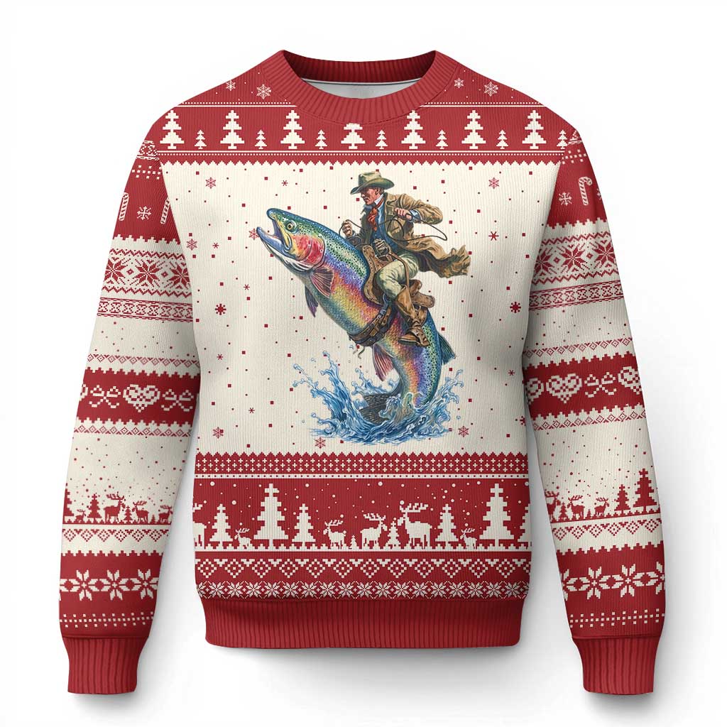 Vintage Cowboy Riding Rainbow Trout Ugly Christmas Sweater Funny Fishing Western Rodeo TS14 Beige Red Print Your Wear