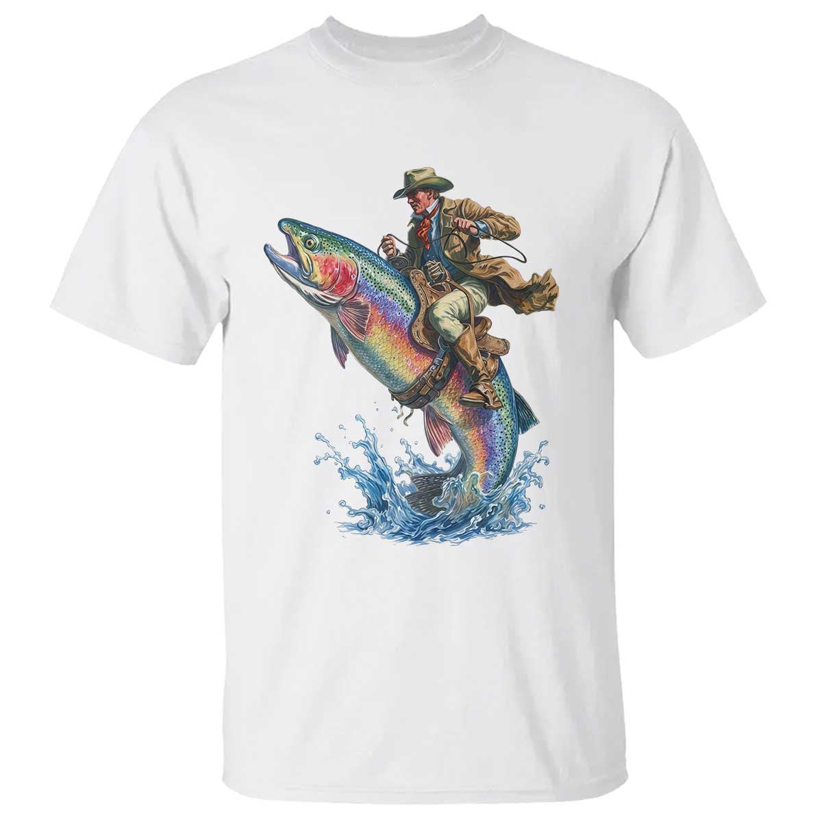 Vintage Cowboy Riding Rainbow Trout T Shirt Funny Fishing Western Rodeo TS14 White Print Your Wear