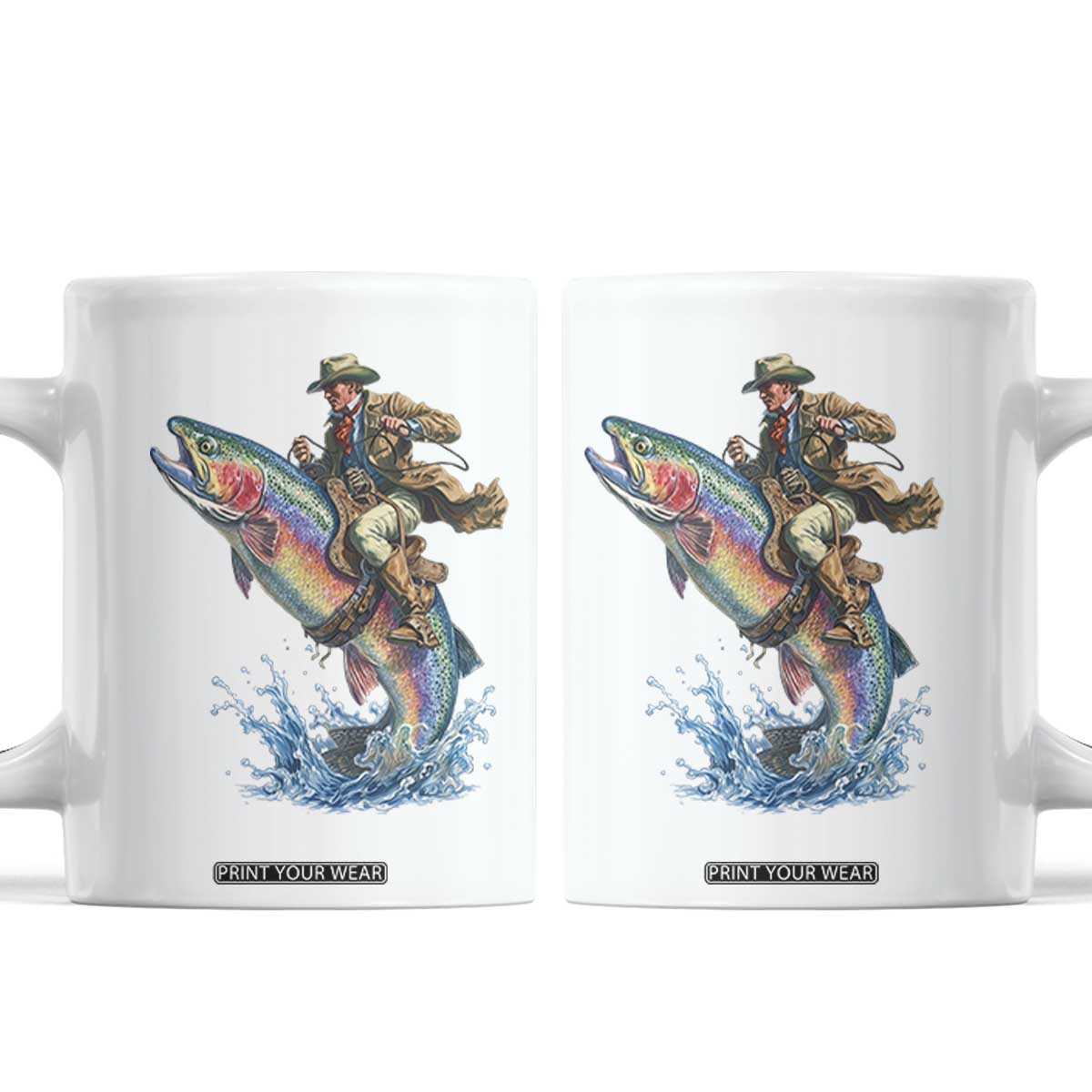 Vintage Cowboy Riding Rainbow Trout Coffee Mug Funny Fishing Western Rodeo TS14 White Print Your Wear