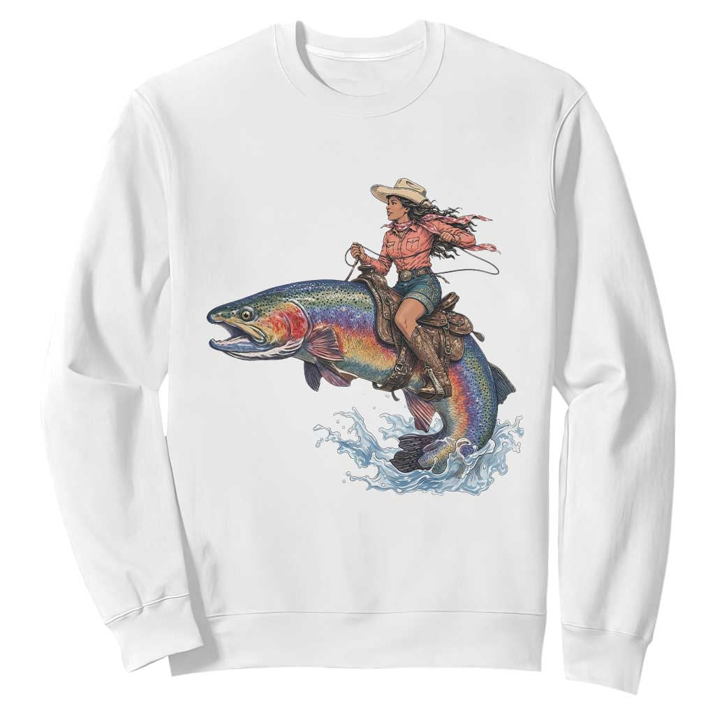 Vintage Cowgirl Riding Rainbow Trout Sweatshirt Funny Fishing Western Rodeo TS14 White Print Your Wear