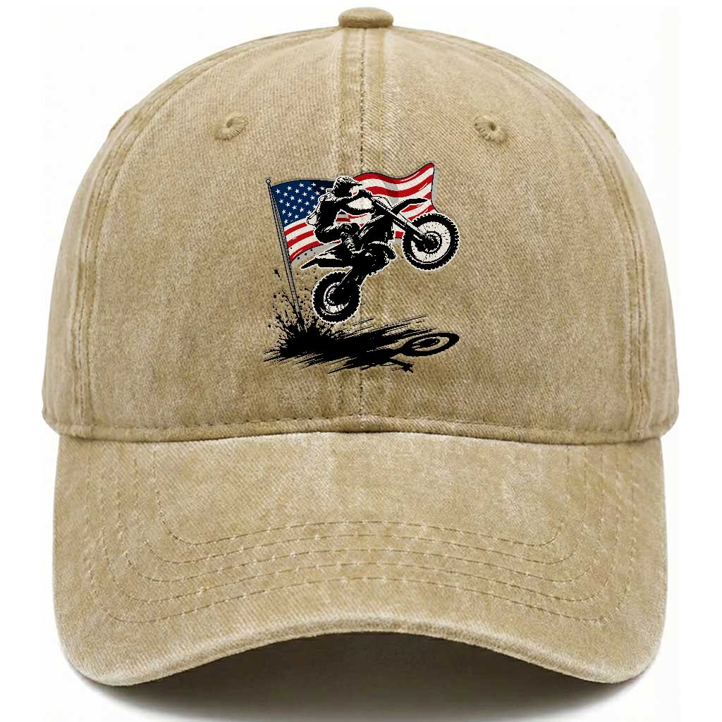 Dirt Bike American Flag Motocross Washed Cotton Baseball Cap TS14 Washed Cap Universal Fit Khaki Print Your Wear