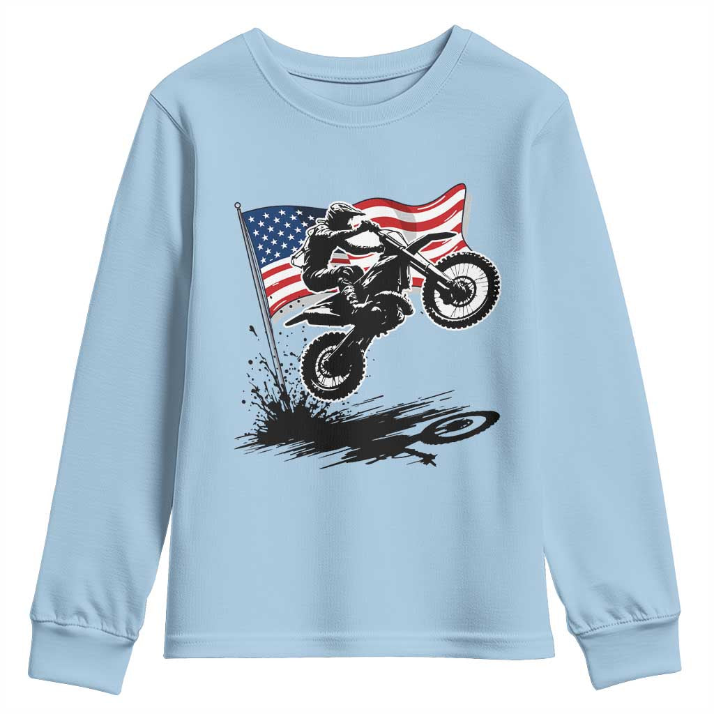 Dirt Bike American Flag Motocross Youth Sweatshirt TS14 Light Blue Print Your Wear