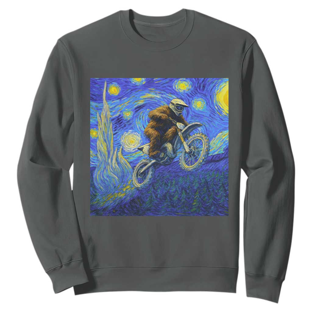 Bigfoot Dirt Bike Sasquatch Sweatshirt Starry Night Van Gogh Biker TS14 Dark Heather Print Your Wear