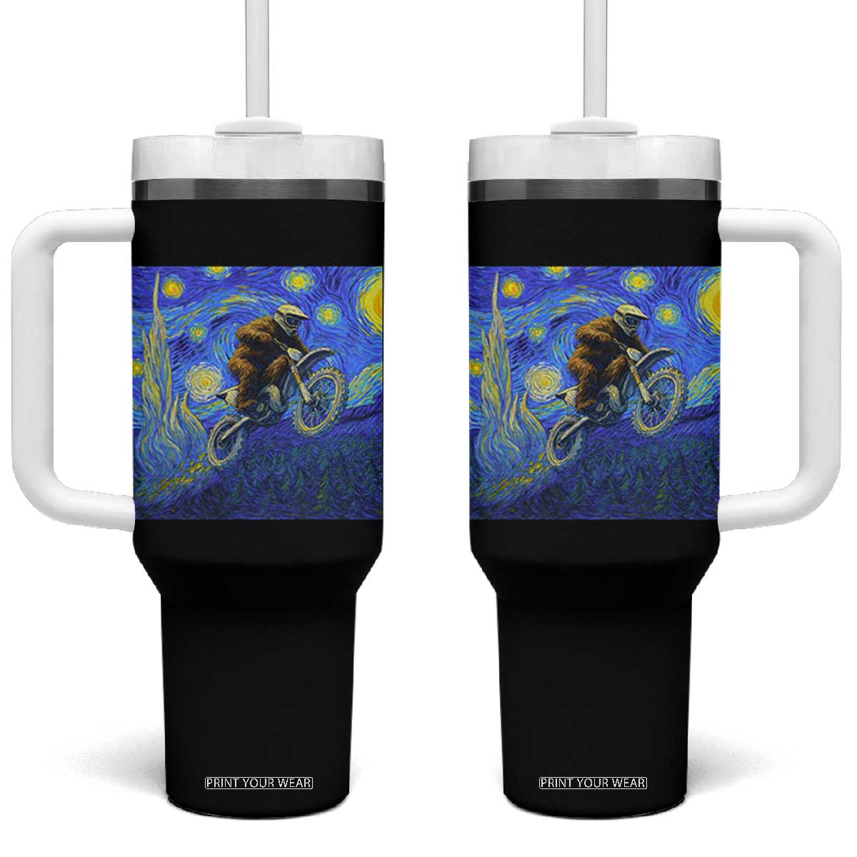 Bigfoot Dirt Bike Sasquatch Tumbler With Handle Starry Night Van Gogh Biker TS14 One Size: 40 oz Black Print Your Wear
